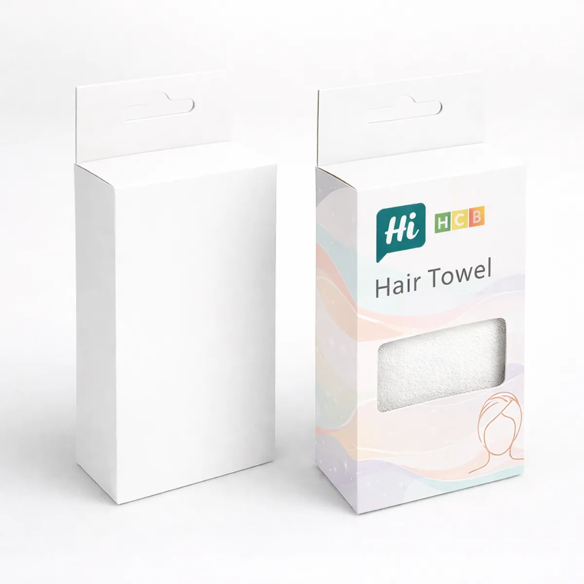 Two tall white boxes with hanging tabs- one featuring a rectangular window showing a white towel- class=